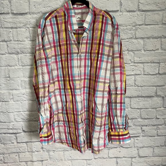 Peter Millar Weekender Finish Men Button Down Shirt Size XL Pink Blue Yellow Pla - Picture 1 of 7